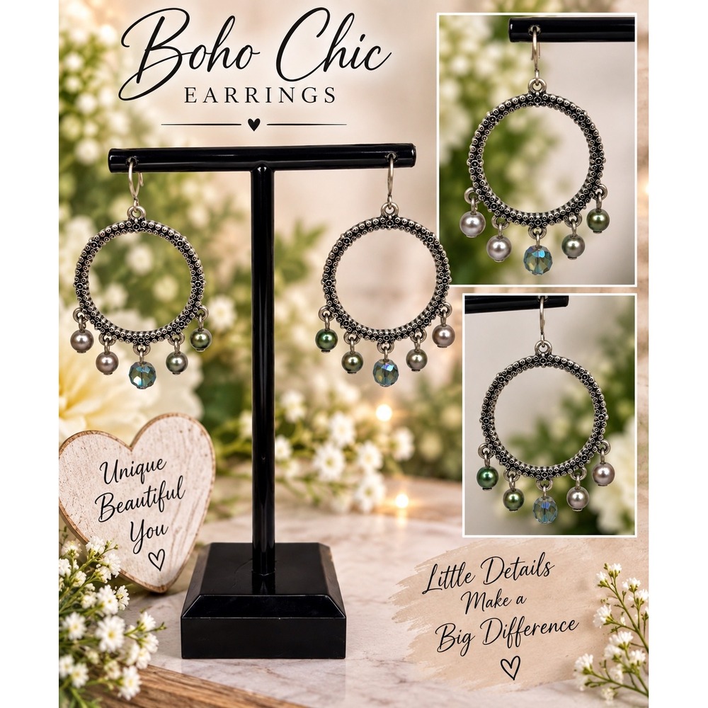 Boho Chic Silver Tone Hoop Chandelier Earrings Multi Color Pearl Crystal Dangle